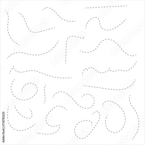 Dotted line doodle set. Hand drawn dashed different way element. Linear route collection. Vector isolated on white. Hand drawn dotted line vector set