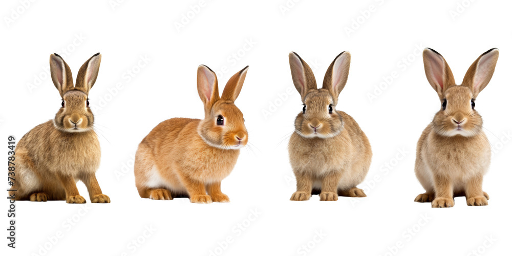 Obraz premium Studio portrait of cute rabbit isolated on transparent png background, happy bunny running on floor, adorable fluffy rabbit that sniffing.