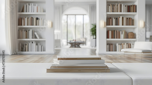 A book is on a table with plant. The background includes a bookshelf and a window.