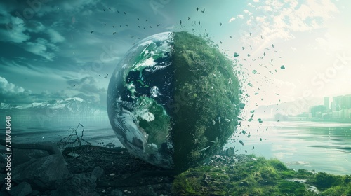 Eco Solution Conecpt. Half sphere of planet earth with and without pollution, One side is clean and green with boom of wild life and other is showing industrial pollution destroying earth
