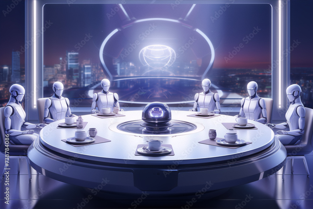 A round table with 5 chairs with 5 robots sitting at it having tea in a futuristic setting with a large window showing a cityscape at night. - obrazy, fototapety, plakaty 