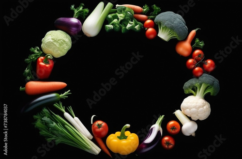 Vegetables on a black background arranged in a circle with space for text