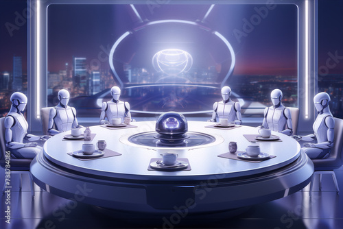 A round table with 5 chairs with 5 robots sitting at it having tea in a futuristic setting with a large window showing a cityscape at night.