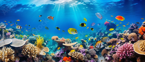Vibrant tropical fish gracefully glide through crystal-clear waters of a colorful coral reef. © Szalai