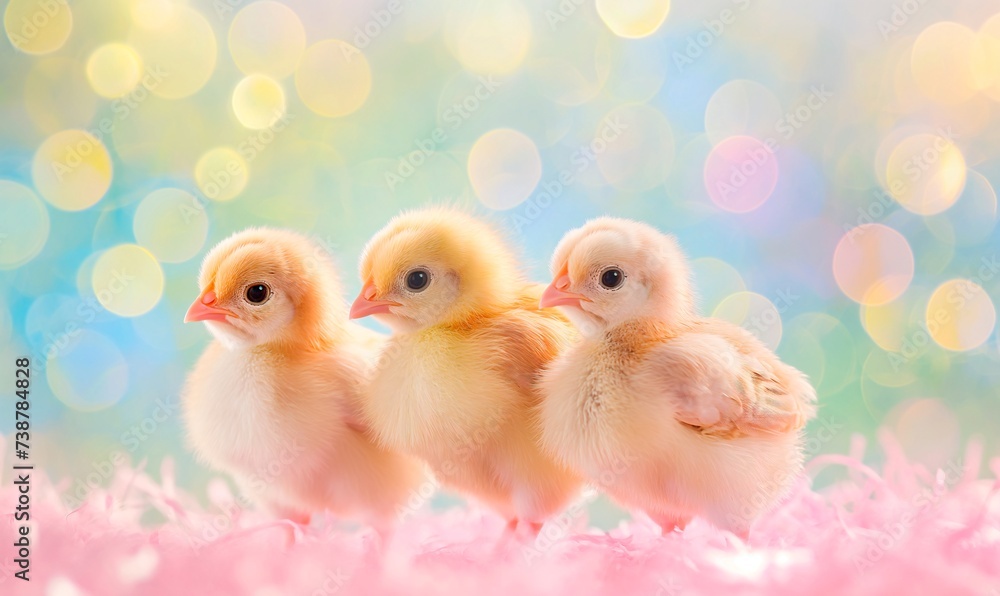 Cute yellow chickens on a pastel background with bokeh lights. Background and wallpaper for Easter.