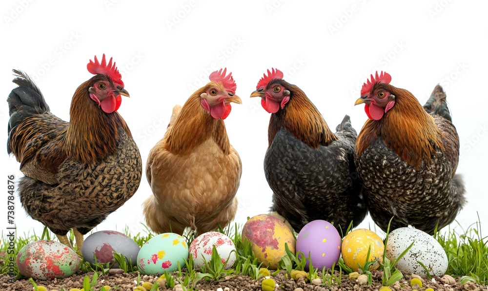 Fototapeta premium Homemade cute chickens with eggs in green grass on a white background. Background and wallpaper for Easter. Greeting card.