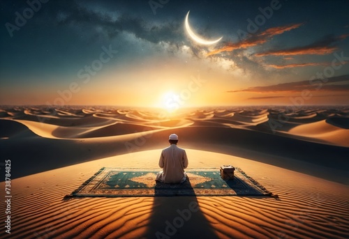 a Muslim praying in the desert in the evening on a prayer rug