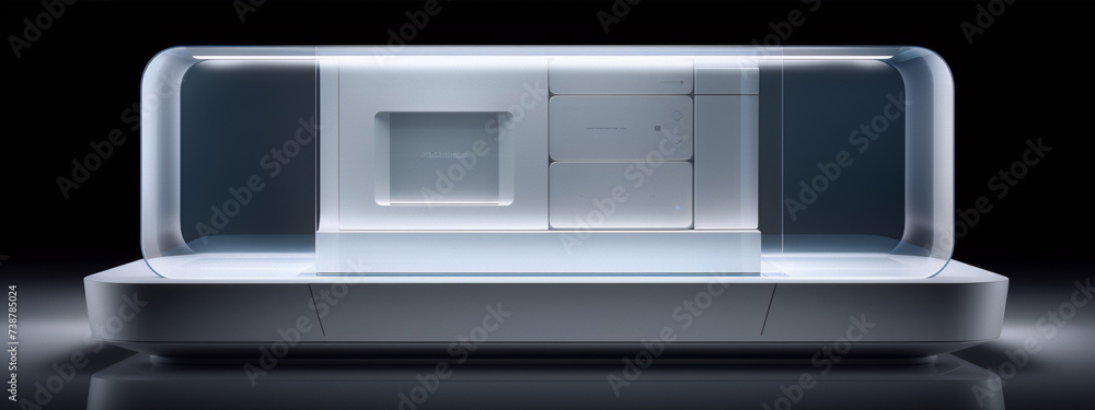 3D rendering of a futuristic kitchen with a large transparent display and a modern design in a dark background.
