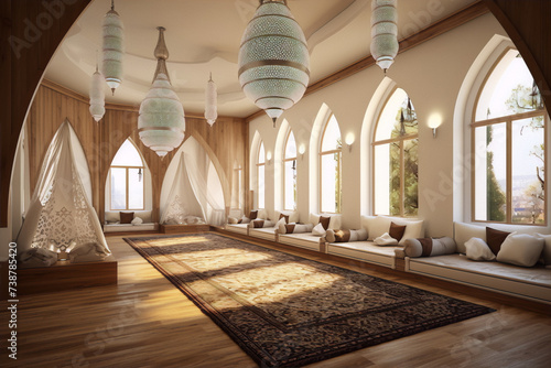 3D rendering of a middle eastern majlis with intricate patterns and warm colors photo