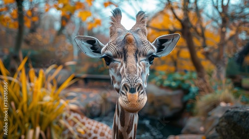 Giraffe Head Close-Up with Autumn Foliage
