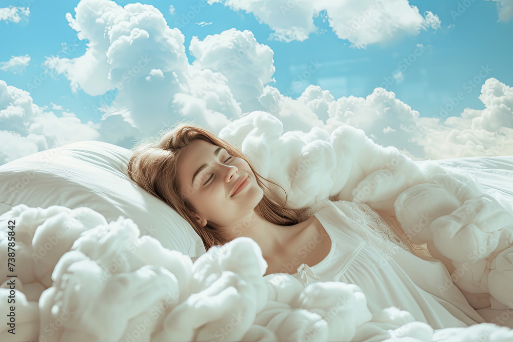 a beautuful young woman with a smile sleeps on a bed with a soft white dazzling blanket and pillows