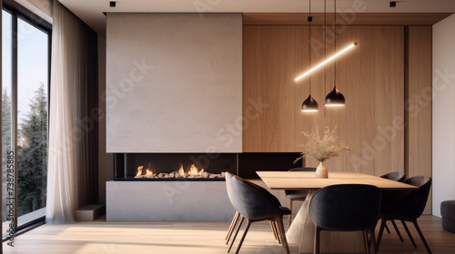 Luxury modern dining room interior with fireplace, natural materials, and neutral colors