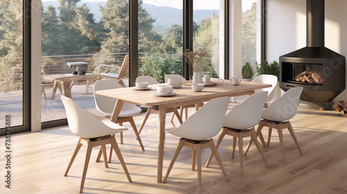 Modern dining room with a large wooden table and white chairs  a fireplace  and a view of the forest.
