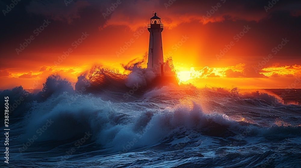 a lighthouse in the ocean with waves crashing