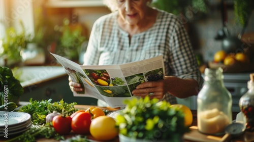 Elderly individual reading a brochure on heart disease prevention, with healthy foods and a blood pressure monitor visible , focusing on the holistic approach to heart health in elderly care