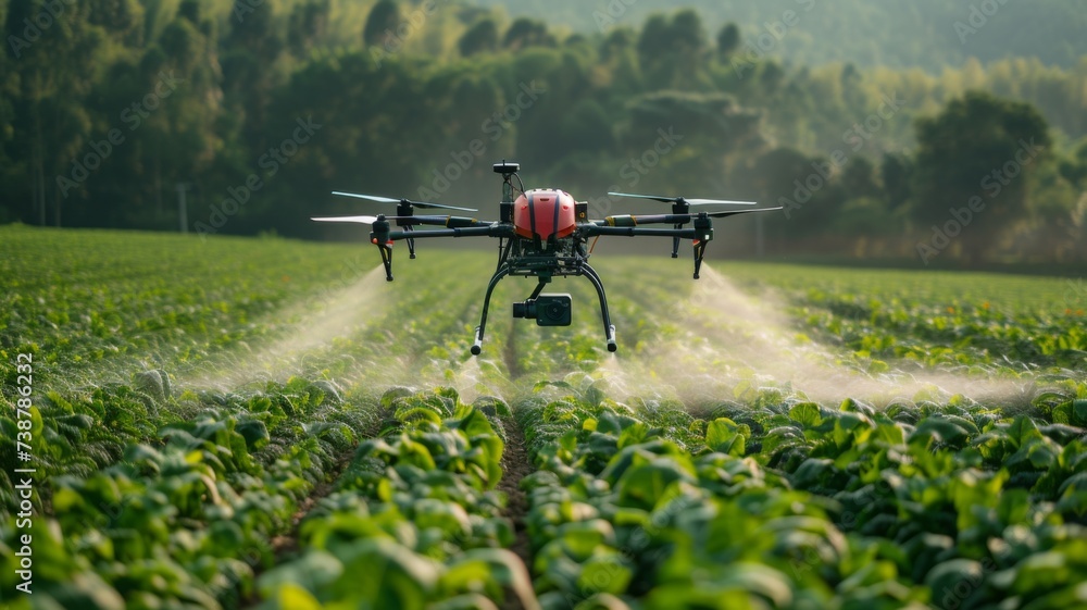 Farmers operating pesticide spraying drones over a lush crop field, showcasing the integration of agricultural technology in modern farming Farmers operating pesticide spraying drones over a lush crop field, showcasing the integration of agricultural technology in modern farming