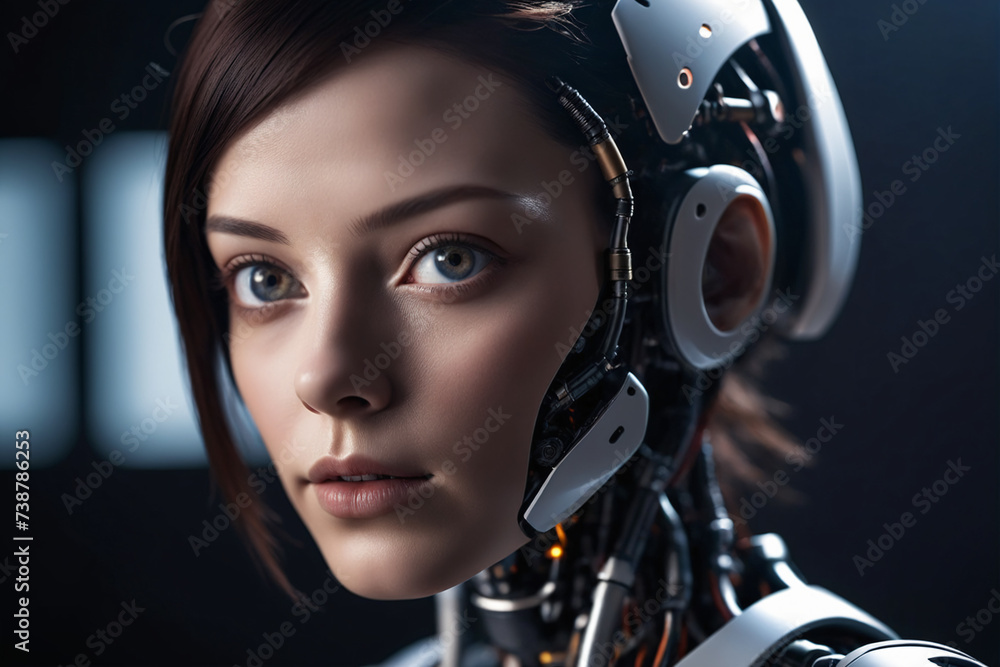Female robot face, Artificial intelligence concept - AI Female robot face, Artificial intelligence concept - AI