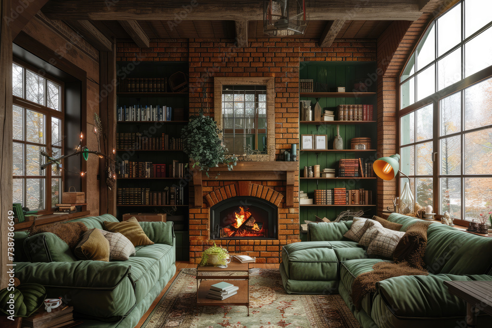 cozy interior in a rustic style. With a beautiful fireplace and large windows