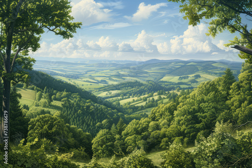 landscape scene of the Kraichgau region by day. The picture should show rolling hills surrounded by lush forests