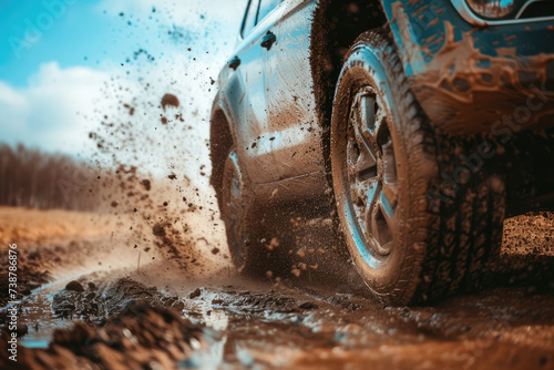 Getting off the beaten path. Car wheels on steppe terrain splashing with dirt © Kitta