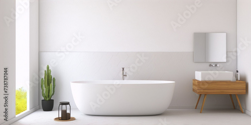 Bathroom interior with bathtub  sink and mirror. White walls and floor. Minimalist style.