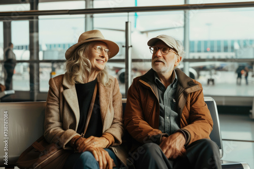 
Happy senior couple waiting on the airport, traveling to their vacation