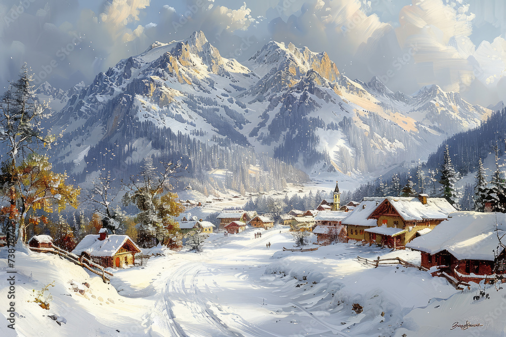 
Lofi art style, a nice european mountain village, winter landscape