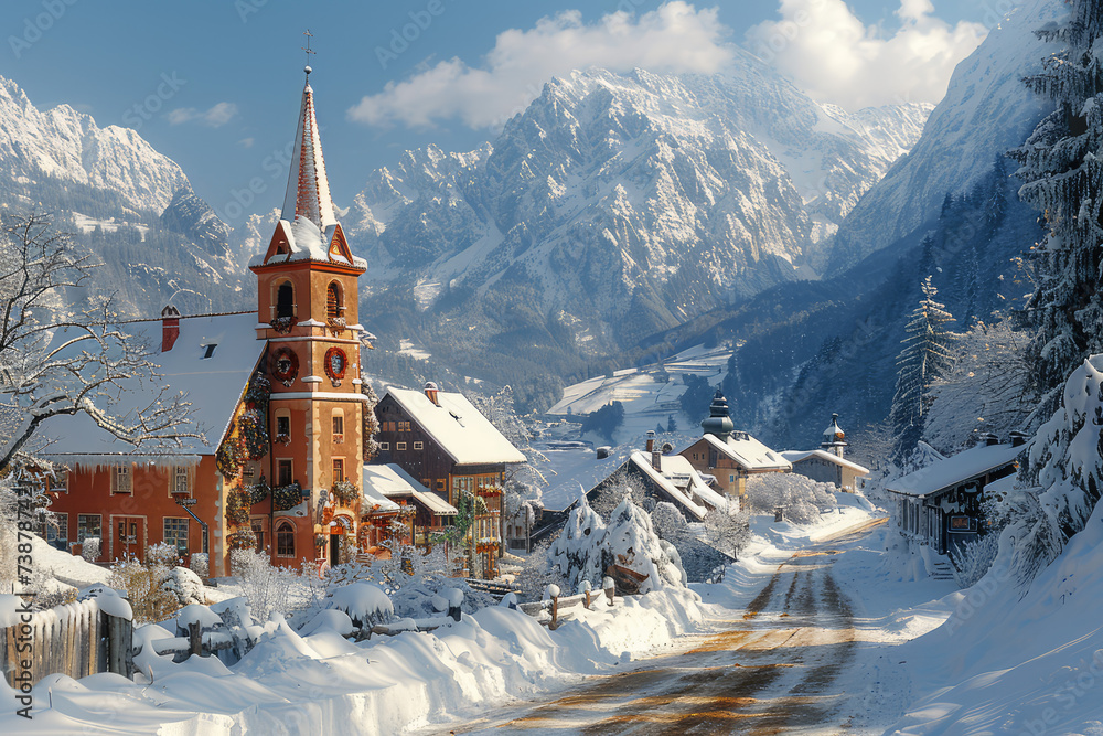 
Lofi art style, a nice european mountain village, winter landscape - obrazy, fototapety, plakaty 