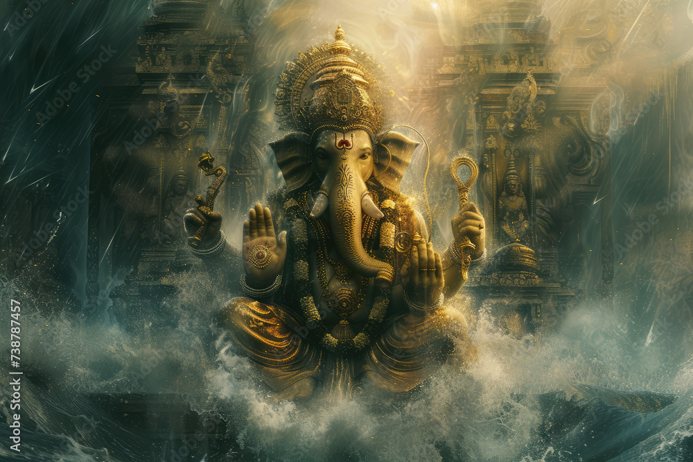 
Lord Ganesha at the center of the universe, in the style of Ravi Varma - obrazy, fototapety, plakaty 