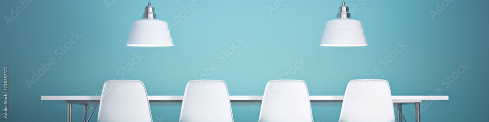 3d rendering of a conference room with chairs and a table under two hanging lamps with a blue background 3d rendering of a conference room with chairs and a table under two hanging lamps with a blue background