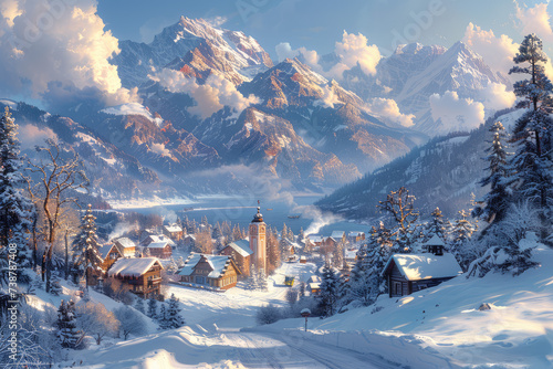  Lofi art style, a nice european mountain village, winter landscape © Kitta