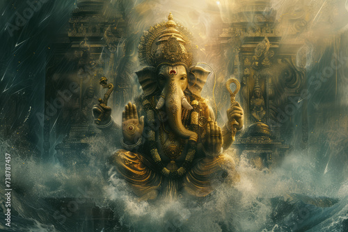  Lord Ganesha at the center of the universe, in the style of Ravi Varma