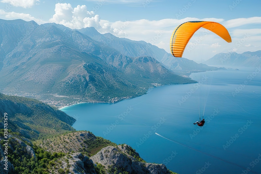 Paraglider over a beautiful mountain and sea landscape.