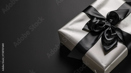 a silver wrapped present with a black ribbon