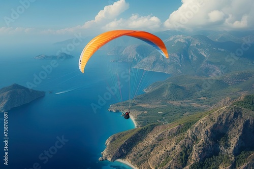 Paraglider over a beautiful mountain and sea landscape.