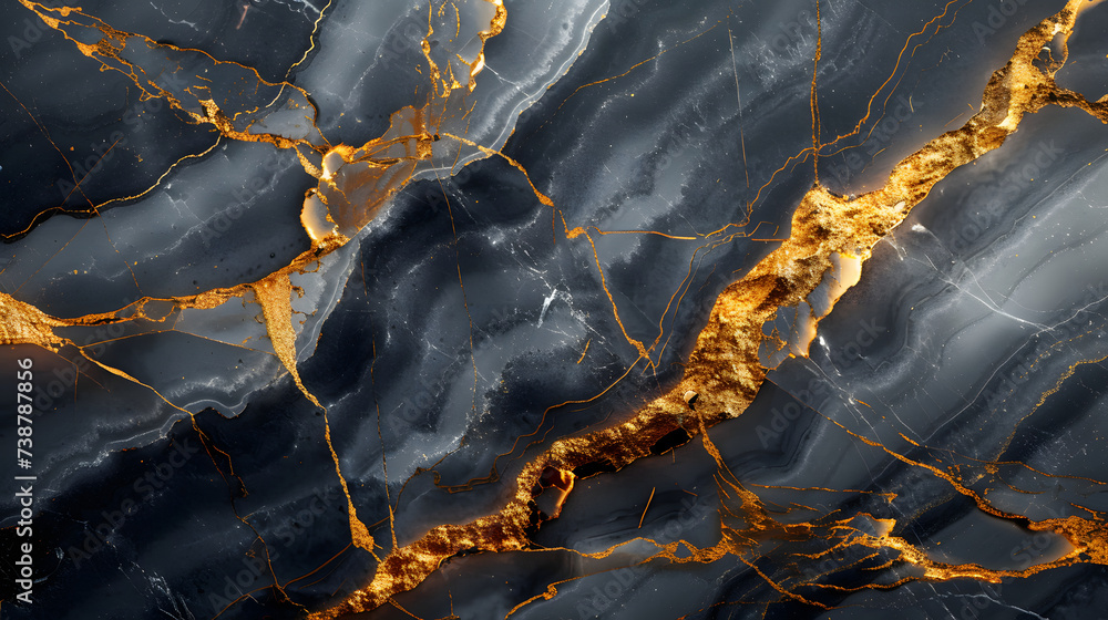 A black and gold marble pattern with cracks throughout. The background is a dark color with lighter gold and grey patches.