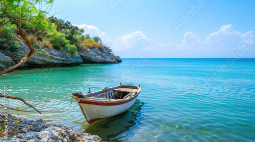 A solitary boat moored in a calm bay with clear turquoise waters and a rocky shoreline under a bright blue sky. © Александр Марченко