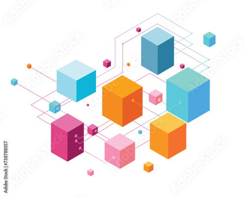 Immerse yourself in a world of geometric vector abstraction: vibrant isometric cubes connected by mesmerizing abstract lines rise against a clean white background.
