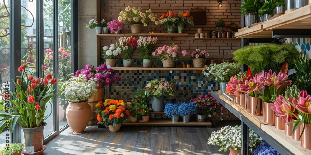 A flower shop decorated with colorful flowers to entice the townspeople.