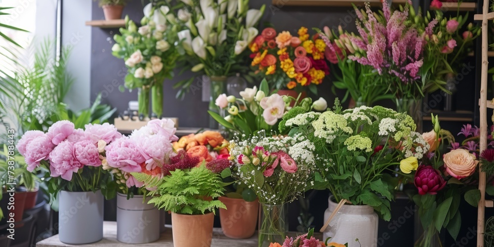 The bustling market displays colorful flower bouquets filled with colorful blooms.