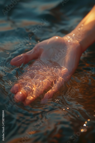 person hand splashing water drops at lake or river, human palm splash aqua