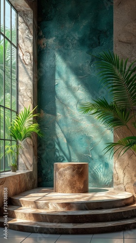 Sunlight filters through a window, casting shadows on a distressed wall, beside indoor plants and stone steps, generative ai