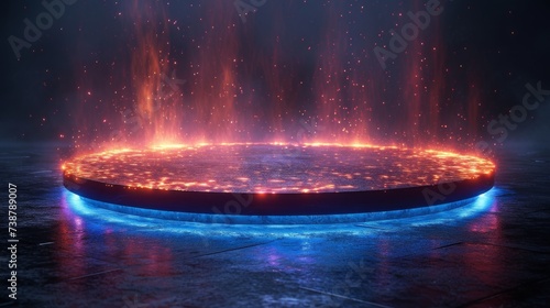 A circular portal with glowing edges emits fiery particles on a dark, textured ground surface, generative ai