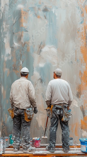 Two workers in dirty overalls stand before a partially scraped wall, probably preparing for renovation, generative ai