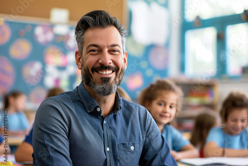 Portrait of smiling male teacher in a class at elementary school looking at camera © Kitta