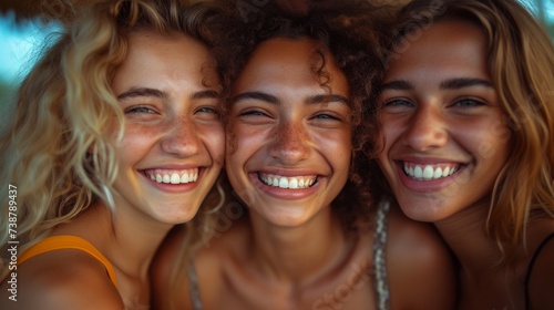 Three happy young individuals with curly hair smiling closely for a vibrant, heartwarming, and intimate photo, generative ai