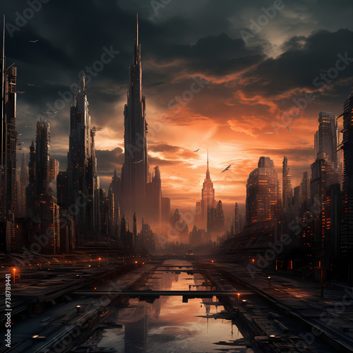 Dystopian cityscape with towering skyscrapers. 
