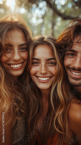 Three smiling friends with sunlit hair taking a close-up selfie in a warm, tree-filled ambiance, generative ai