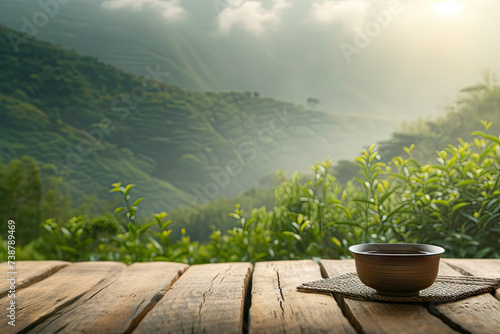 distant mountain. In a real tea garden, green tones, and the sun is shining © Kitta