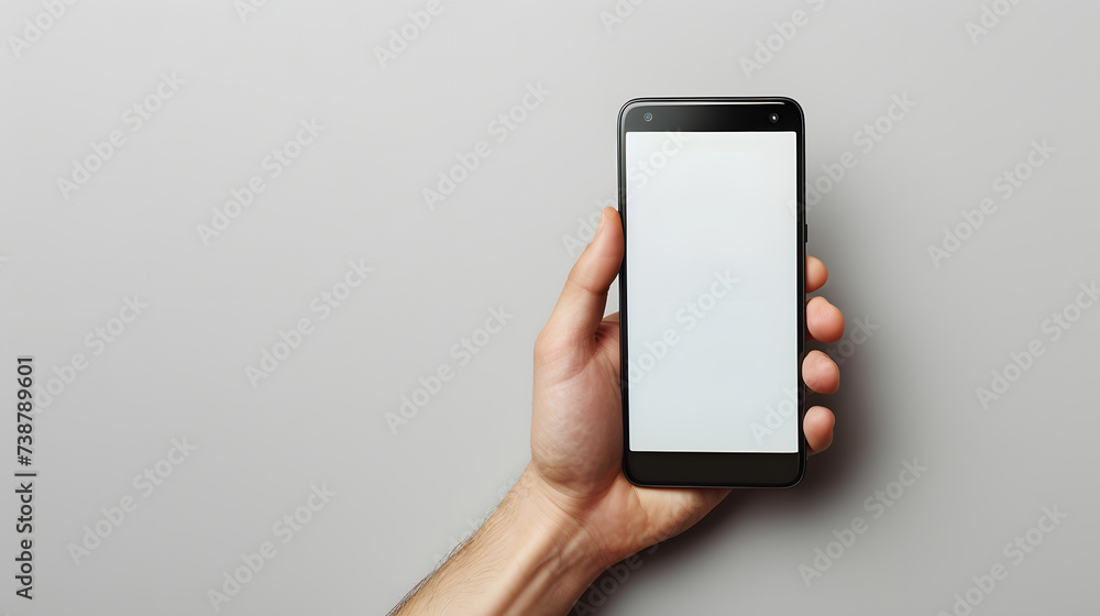 A person's hand holding a cell phone with a white screen against a white background. A person's hand holding a cell phone with a white screen against a white background.